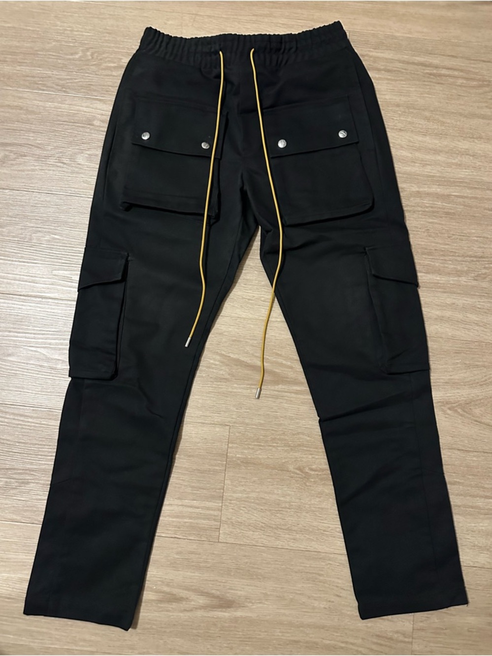 Rhude Black Cargo Pants with Yellow Drawstring